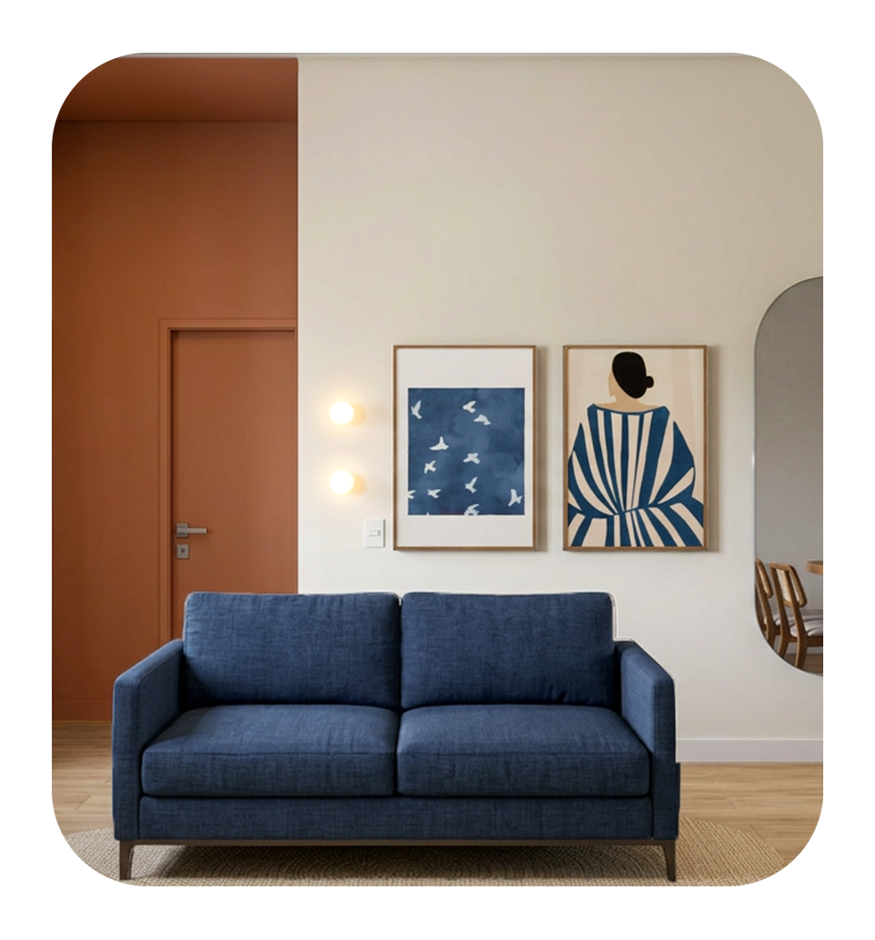 Projeto Botânica: sala com sofá azul e quadros