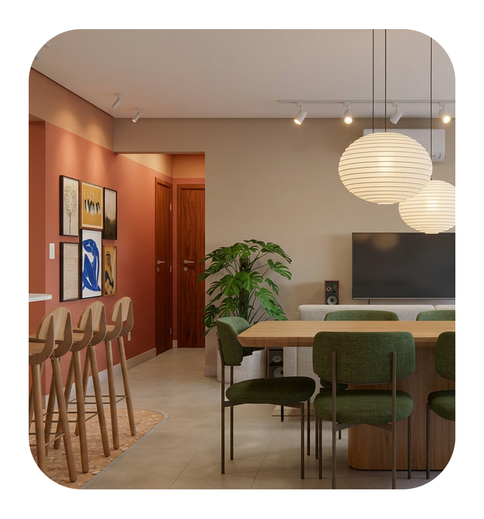 Projeto Flor de Anis: sala de jantar integrada com luminárias pendentes